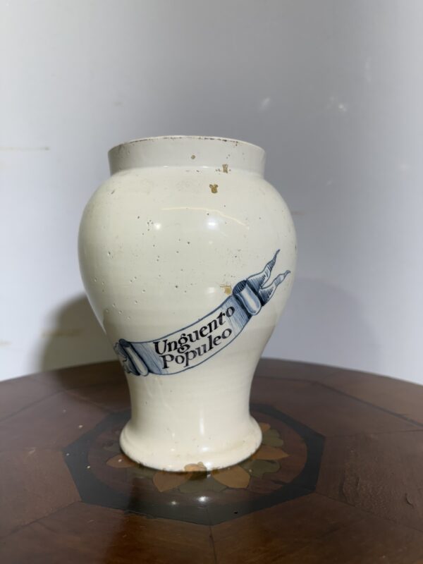 Antico Albarello, vaso da farmacia, epoca metà XIX, Unguento Populeo, h 20, lp 15 cm