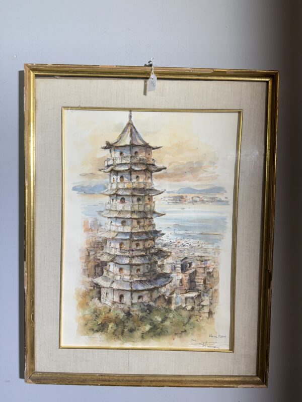 Acquarello primi '900 Pagoda, firmato, mis 59x46 cm